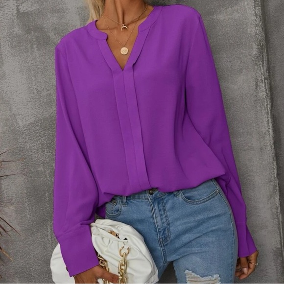 New purple notched neck long sleeve blouse - Picture 3 of 6